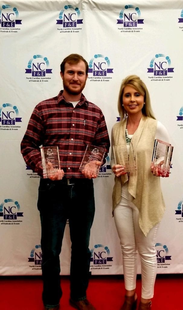 Pictured is Olivia Dawson, who won the Festival Director of the Year award from NCAFE, with David Crooks of the NC Bacon Fest and AirPlay Events