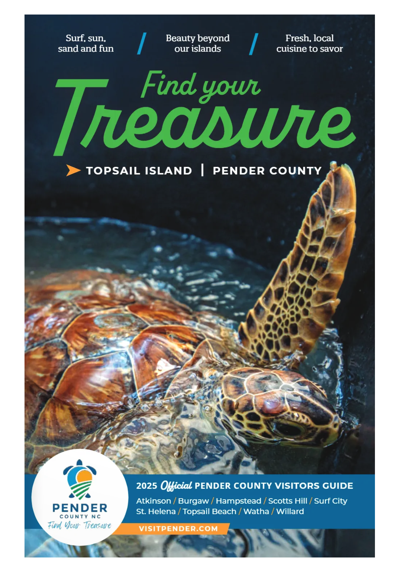 A sea turtle swims gracefully in clear blue water. Text reads "Find Your Treasure"